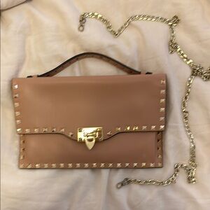 Tan Studded Leather Clutch with Gold Chain